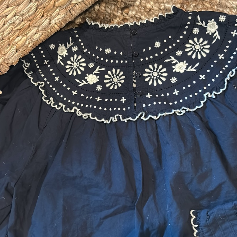 THE GREAT. Navy Blue Embroidered Peasant Blouse with White Trim - Picture 9 of 11